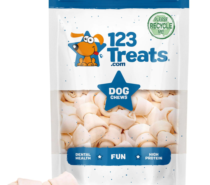 123 Treats | Rawhide Chews: Bones 3-4" (100 Count) Premium Rawhide Dog Bones | Free Range Grass Fed Cattle with No Hormones Additives or Chemicals.