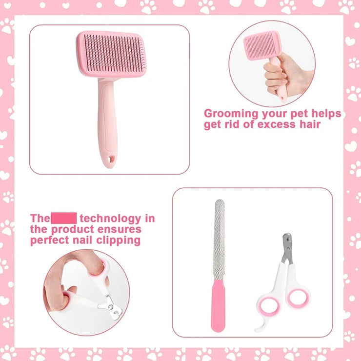 HOT-8Pcs Dog Brush Grooming Set, Pet Self-Cleaning Set, With Pet Nail Clippers And Files, Comb, Pet Shampoo Bath Brush