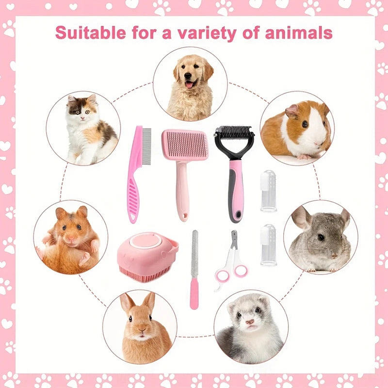 HOT-8Pcs Dog Brush Grooming Set, Pet Self-Cleaning Set, With Pet Nail Clippers And Files, Comb, Pet Shampoo Bath Brush