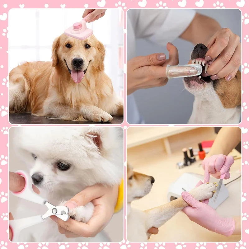HOT-8Pcs Dog Brush Grooming Set, Pet Self-Cleaning Set, With Pet Nail Clippers And Files, Comb, Pet Shampoo Bath Brush