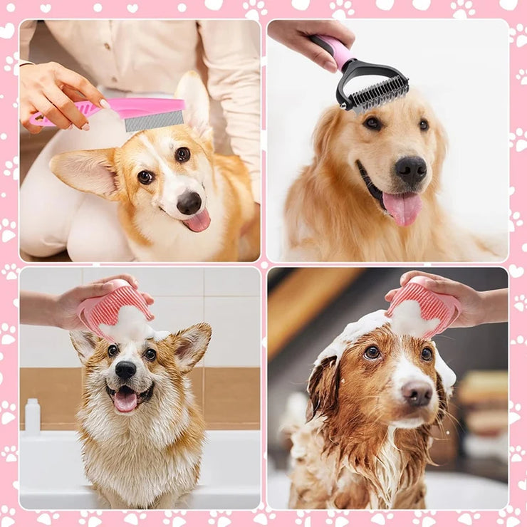 HOT-8Pcs Dog Brush Grooming Set, Pet Self-Cleaning Set, With Pet Nail Clippers And Files, Comb, Pet Shampoo Bath Brush