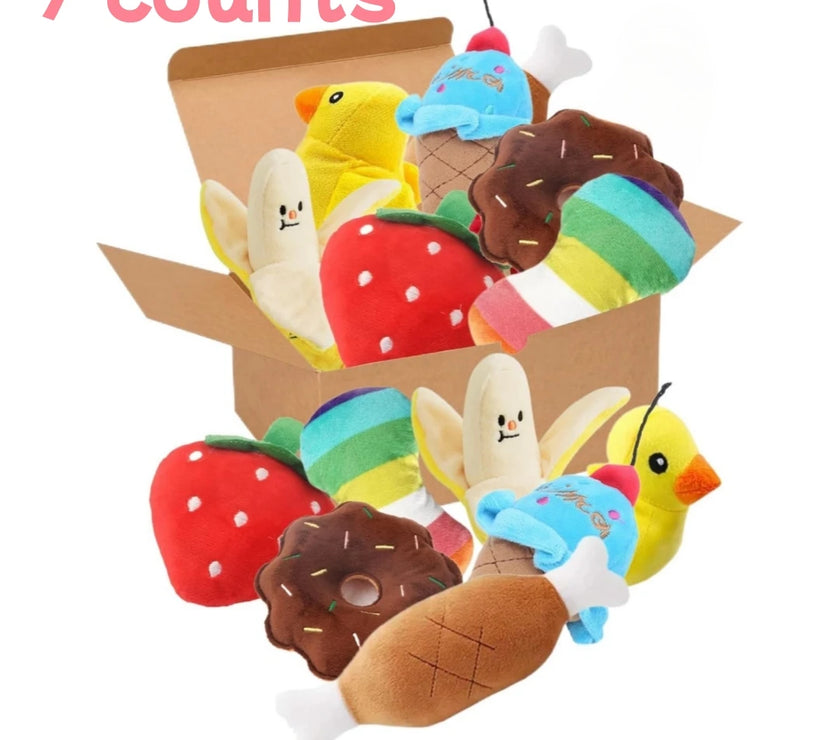 A 7-piece set of puppy sound toys, loose plush pet chewing, plush fruit snacks and vegetable puppy toys, suitable for cute playm