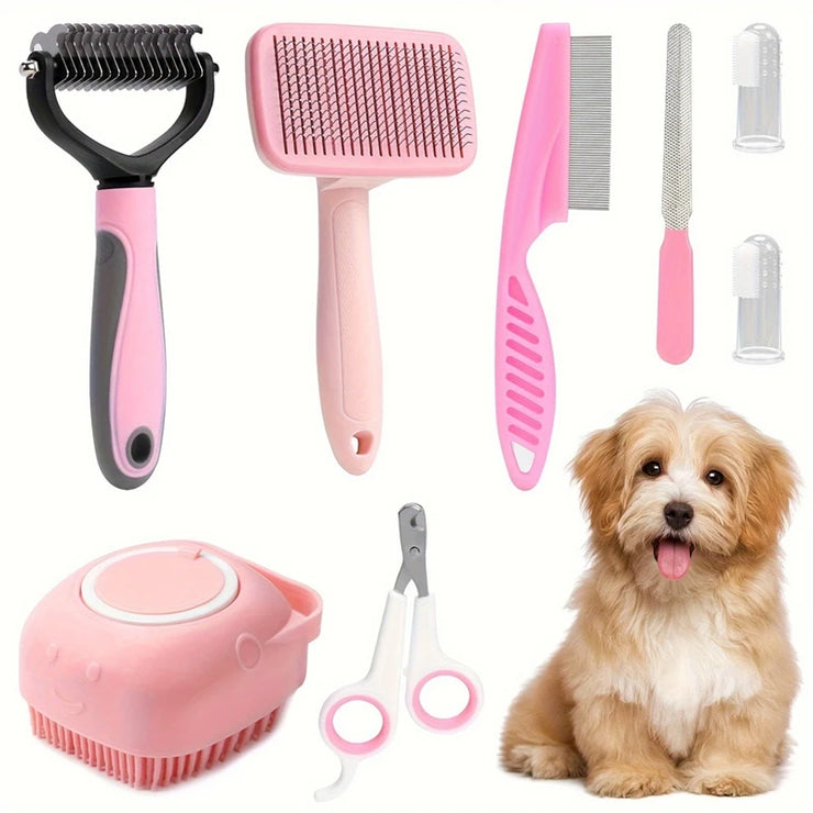 HOT-8Pcs Dog Brush Grooming Set, Pet Self-Cleaning Set, With Pet Nail Clippers And Files, Comb, Pet Shampoo Bath Brush